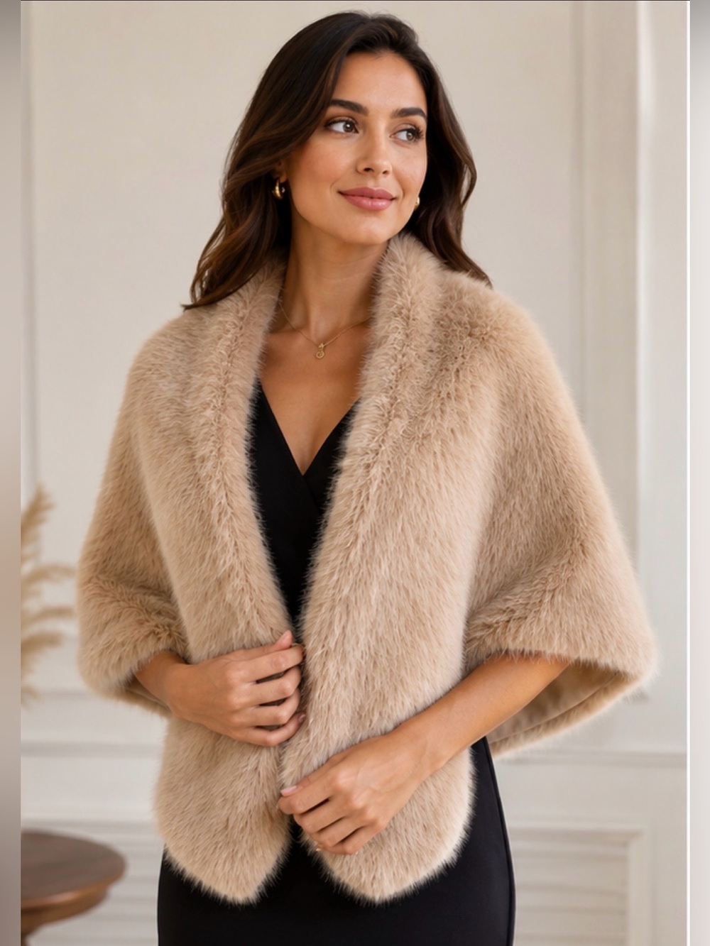 Luxury Faux Fur Cape Shawl in Tan Size OS